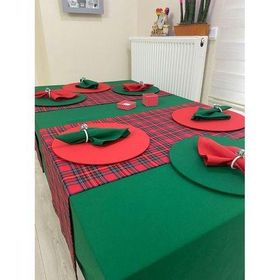 Zeren Home Koyu Yeşil Masa Örtüsü Yılbaşı Ekose Runner 6 Supla Seti 6 Peçete