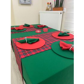 Zeren Home Koyu Yeşil Masa Örtüsü Yılbaşı Ekose Runner 6 Supla Seti 6 Peçete