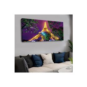 Zevahir Ağaçlar ve Sarı Işıklandırmalı Eiffel Kulesi 120x60 Saatli Kanvas Tablo