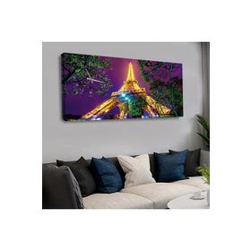 Zevahir Ağaçlar ve Sarı Işıklandırmalı Eiffel Kulesi 120x60 Saatli Kanvas Tablo