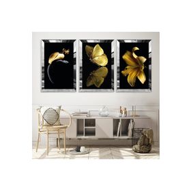 Zevahir Altın Renk Çiçek Kelebek Modern Gold Pleksi Kenar Solmaz 20x30 Gümüş MDF Tablo