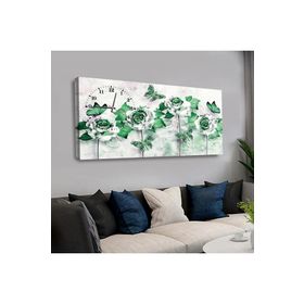 Zevahir Beyaz Yeşil Güller ve Yeşil Kelebekler Beyaz Arka Planlı 120x60 Saatli Kanvas Tablo