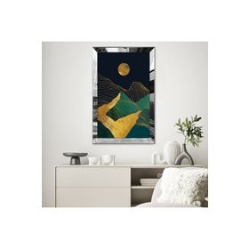 Zevahir Çizgi Desenli Altın ve Yeşil Manzara Tasarımı 20x30 Gümüş Gold Aynalı Pleksi Çerçeveli MDF Tablo