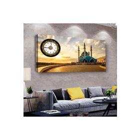 Zevahir Dini ve İslami Cami Manzara 100x50 cm Dijital Baskı Saatli Gümüş Kanvas Tablo