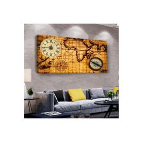 Zevahir Dünya Haritası 100x50 cm Ahşap Şase Dijital Baskı Saatli Gümüş Kanvas Tablo