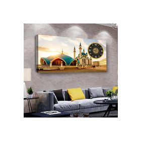 Zevahir İslami Cami Manzara 100x50 cm Ahşap Şase Dijital Baskı Saatli Gümüş Kanvas Tablo