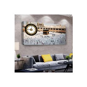 Zevahir İslami Kabe Dini 100x50 cm Ahşap Şase Dijital Baskı Saatli Gümüş Kanvas Tablo