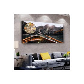 Zevahir Kayık Göl Manzara 120x60 cm Ahşap Şase Dijital Baskı Saatli Gümüş Kanvas Tablo