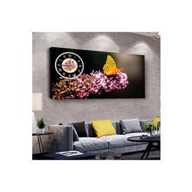 Zevahir Kelebek 100x50 cm Ahşap Şase Dijital Baskı Saatli Gümüş Kanvas Tablo