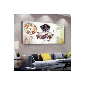 Zevahir Kelebek Kadın 100x50 cm Ahşap Şase Dijital Baskı Saatli Gümüş Kanvas Tablo