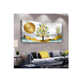 Zevahir Kolaj Çizim Bitki 100x50 cm Ahşap Şase Dijital Baskı Saatli Gümüş Kanvas Tablo