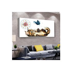 Zevahir Mavi Kelebek ve Kedicik 100x50 cm Ahşap Şase Dijital Baskı Saatli Gümüş Kanvas Tablo