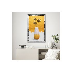 Zevahir Minimal Tarzda Altın Çiçekli Vazo 20x30 Gold Aynalı Pleksi Çerçeveli Gümüş MDF Tablo