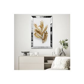 Zevahir Minimalist Beyaz Bej Altın Sarısı Yapraklı Çizim 20x30 Gold Aynalı Pleksi Çerçeveli Gümüş MDF Tablo