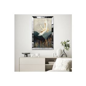 Zevahir Minimalist Gri Beyaz Leylek Desenli Çizim 20x30 Gold Aynalı Pleksi Çerçeveli Gümüş MDF Tablo