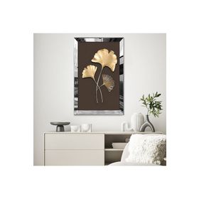 Zevahir Minimalist Kahverengi Bej Altın Sarısı Yapraklı Çizim 20x30 Gold Aynalı Pleksi Çerçeveli Gümüş MDF Tablo