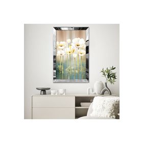 Zevahir Modern Altın Sarısı Büyük Beyaz Çiçek Desenlili Soyut Çizim 20x30 Gold Aynalı Pleksi Çerçeveli Gümüş MDF Tablo