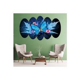 Zevahir Oval Kesin Mavi Kelebek Solmaz 100x60 Gümüş 5 Parça MDF Tablo