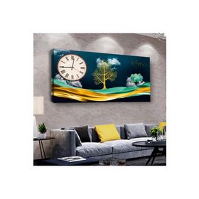 Zevahir Renkli Kolaj Çizim 100x50 cm Ahşap Şase Dijital Baskı Saatli Gümüş Kanvas Tablo
