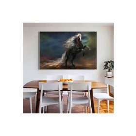 Zevahir Şaha Kalkmış At 120x80 Gümüş Ahşap Şase Dijital Baskı Kanvas Tablo