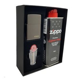 Zippo Parlak Siyah Hediyelik Kutu Benzin Taş Çakmak Set