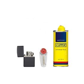 Zippo Siyah Çakmak Clipper Benzin 5'li Taşı Set