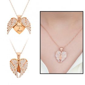 Zirkon Taşlı Kişiye Özel İsim Yazılı Rose 925 Ayar Melek Kanadı Kadın Gümüş Kolye
