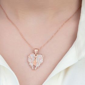 Zirkon Taşlı Kişiye Özel İsim Yazılı Rose 925 Ayar Melek Kanadı Kadın Gümüş Kolye