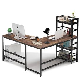 Zizuva 150+145x55x75+120 CM Kitaplıklı Ceviz Ofis ve Ev Çalışma Masası