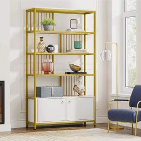 Zizuva Tasarım 180x100x30 cm Gold Beyaz Dolaplı Kitaplık