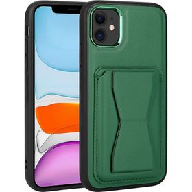 Zore Apple iPhone 11 Uyumlu Kartlıklı Standlı ​Pu Deri Memo Kapak Koyu Yeşil Kılıf