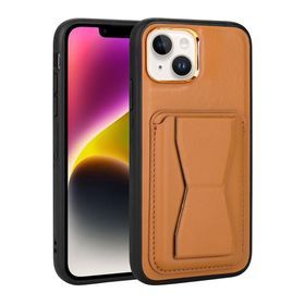 Zore Apple iPhone 14 Plus Uyumlu Kartlıklı Standlı ​Pu Deri Memo Kapak Kahve Açık Kılıf