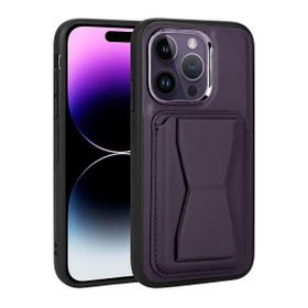 Zore Apple iPhone 14 Pro Uyumlu Koyu Mor Kartlıklı Standlı ​Pu Deri Memo Kapak Kılıf