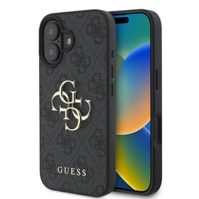 Zore Apple iPhone 16 Guess Orijinal Lisanslı PU Deri Desenli Metal Büyük 4G ve Yazı Logolu Kapak Siyah Kılıf