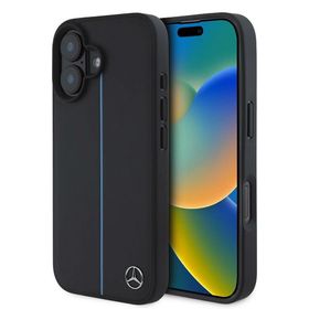 Zore Apple iPhone 16 Mercedes Benz Orijinal Lisanslı Magsafe Şarj Özellikli Metal Yıldız Logolu Mavi Çizgili Deri Kapak Kılıf