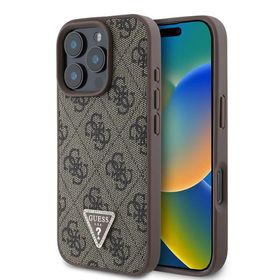 Zore Apple iPhone 16 Pro Guess Orijinal Lisanslı PU Deri 4G Desenli Taşlı Üçgen Logolu Kapak Kahverengi Kılıf