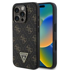 Zore Apple iPhone 16 Pro Guess Orijinal Lisanslı PU Deri 4G Desenli Üçgen Logolu Kapak Siyah Kılıf