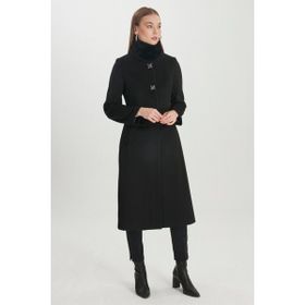 Zühre 12588 Kürk Yaka ve Cepli Kaşe Siyah Kadın Kaban