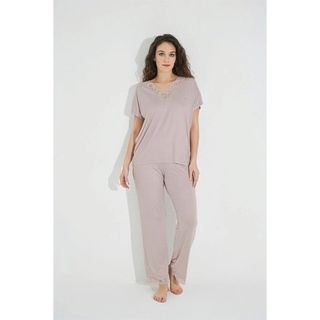Monamise 18486 Vizon Dantelli Kısa Kollu V Yakalı Kadın Pijama Takımı