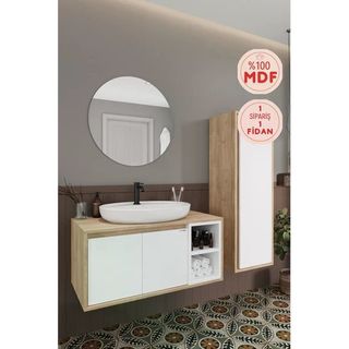 Balneom Gül 100 cm Beyaz Aynalı Lavabo Banyo Dolabı
