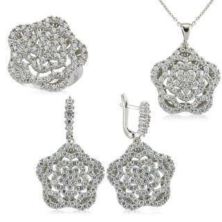 Gumush Zirkon Taşlı Çiçek Kadın Gümüş Set