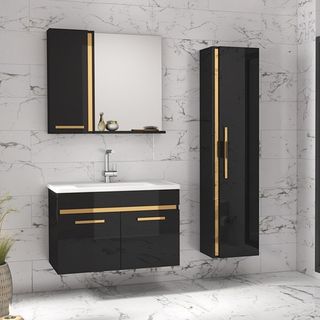 Alfa Banyo Yeni Gold Siyah 80+35 cm Boy Dolaplı Banyo Dolabı Takımı