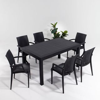 Sandalie Rattan Lüx Camlı 90x150 Antrasit Bahçe Balkon Teras Masa Seti