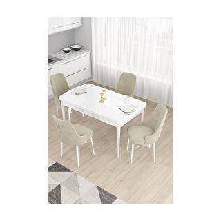 Canisa Taç Serisi Beyaz 80x132 cm Açılabilir 4 Sandalye Gold Halkalı Krem Mutfak Masa Takımı