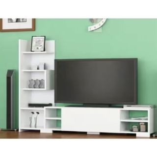 BMdekor Perde Kitaplıklı Beyaz TV Ünitesi