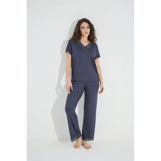Monamise 18484 Lacivert Dantelli Kısa Kollu V Yakalı Kadın Pijama Takımı