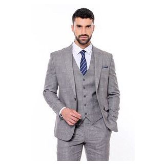 Wessi Ekose Gri Yelekli Slim Fit Takım Elbise