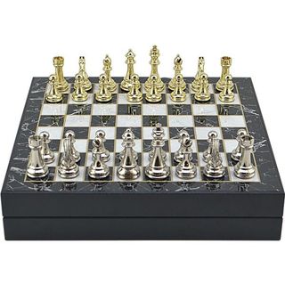 Gift Home Büyük Boy Metal Klasik 36x36x6 cm Satranç Takımı Parlak ve Mermer Desenli Sandıklı MDF Tahtası
