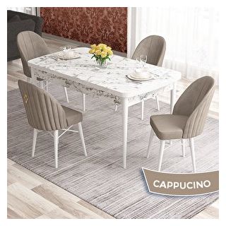 Canisa Elf Serisi 80x132 Açılabilir Beyaz Mermer Desen Masa Takımı ve 4 Adet Cappucino Sandalye