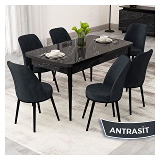 Canisa Rax Serisi 80x132 Açılabilir Siyah Mermer Desen Mutfak Masası Takımı ve 6 Antrasit Sandalye